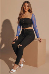 Black Slit Knee Skinny Ripped Five Pocket Detail Jeans- Sylah