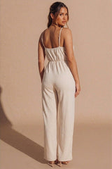 Beige Strappy Wrap Wide Leg Jumpsuit - Huixo
