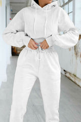 Cream Long Sleeve Cropped Fleece Hoodie & Cuffed Joggers Loungewear Set - Layla