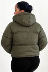 Khaki Hooded Drawstring Cropped Puffer Jacket - Stacey