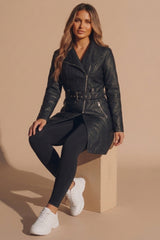 Black Faux Leather Belted Biker Coat - Mich