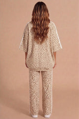 Beige Leopard Print Oversized Loungewear Set With Side Stripe Detail- Orlina