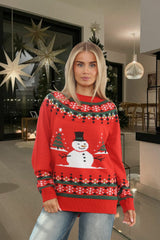 Red Christmas Snowman Print Oversized Jumper - Noelle