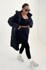 Black Hooded Longline Padded Zip Up Midi Coat - Naomi