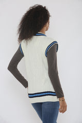 Cream Cable Knit V Neck With Blue Stripe Jumper- Casoil