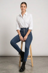 Blue High Waist Button Front Skinny Jeans-Solvani