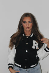 Black Varsity Bomber with 'R' Patch Jacket - Delissia