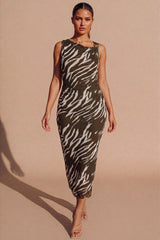 Olive Zebra Print Ruched Sleeveless Bodycon Dress- Vanila