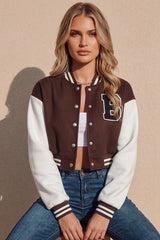 Brown Varsity Slogan Contrast Sleeve Bomber - Hallie