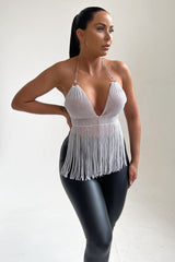 White Halter Neck Open Back Chain Mail Tassel Top - Dani