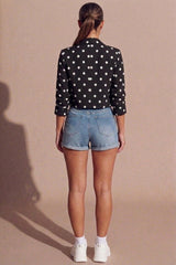 Black Polka Dot Ruched Sleeve Cropped Blazer - Piana