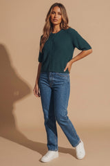 Teal Ribbed Short Sleeve Button Front Cardigan - Camy