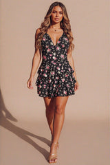 Black Floral Print Frill Hem With Integrated Inner Shorts Mini Dress-Wyba