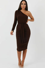 Brown One Shoulder Ruched Slinky Midi Dress - Savannah