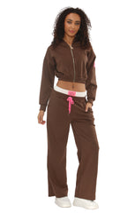 Brown Cropped Zip-Up Hoodie with Wide Leg Joggers Statement Patch Loungewear Set – Zaria