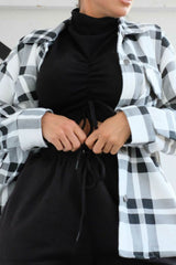 Black Check Print Oversized Button Up Pocket Shacket - Isabella