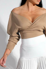 Stone Ribbed Off The Shoulder Crop Top - Kourt