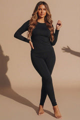 Black Stretch Long Sleeve Top and Leggings Activewear Set - Elara