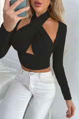 Black Slinky Cross Wrap Halter Crop Top - Donelia
