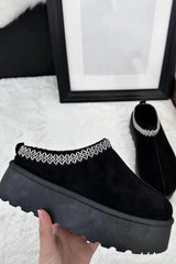 Black Platform Slip On with Embroidered Braid Slippers - Salva