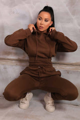 Chocolate Long Sleeve Cropped Fleece Hoodie & Cuffed Joggers Loungewear Set - Layla