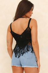 Black Strappy Fringe Crochet Crop Top - Véronique