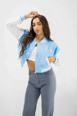 Sky Blue Varsity Slogan Contrast Sleeve Bomber - Hallie