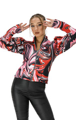 Red Abstract Swirl Puff Sleeve Zip High Collar Jacket- Cora