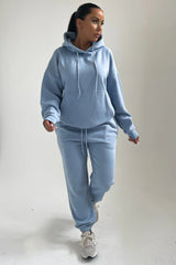 Sky Blue Oversized Front Pocket Long Sleeve Drawstring Fleece Hoodie - Alexia