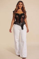 Black Lace Tie Front Handkerchief Hem Top - Tyrana