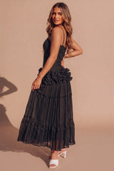 Black Ruched Bandeau Ruffle Detail Pleated Maxi Dress - Cilon
