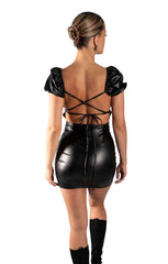 Black PU Cross-Back Puff Sleeve Bodycon Mini Dress -Zana