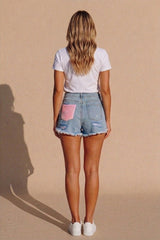Light Blue Wash Distressed Denim Shorts- Hailin