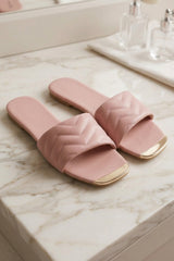 Pink Quilted Flat Slip-On Sandals with Gold Toe Detail - Yora