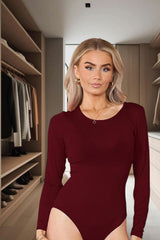 Wine Long Sleeve Round Neck Slinky Bodysuit - Layla