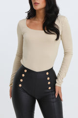 Stone Scoop Neck Long Sleeve Soft Touch Fitted Bodysuit - Emma