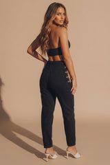 Black High Waisted Chain Detail Straight Leg Jeans - Marisol