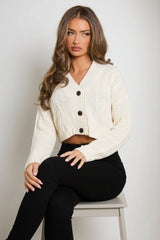 Stone Button Front Cable Knit Long Sleeve Cropped Cardigan - Kinsley