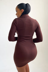 Chocolate Ribbed Long Sleeve Button Up Bodycon Mini Shirt Dress - Steph