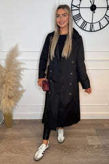 Black Double Breasted Longline Trench Coat - Evie
