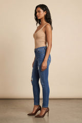 Mid Blue Distressed High Waisted Skinny Jeans- Lorvella