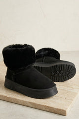 Black Faux Suede Faux Fur Cuff Chunky Platform Ankle Boots - Silo