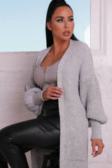 Grey Longline Rib Knitted Balloon Sleeve Pocket Detail Maxi Cardigan - Thea