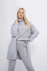 Grey Ribbed Knitted 3 Piece Loungewear Set-Jinet