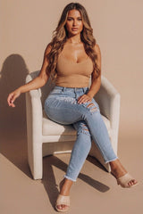 Light Blue Wash High Waisted Distressed Skinny Jeans- Liyana