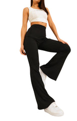 Black Wide Ribbed Basic Flared High Waist Fit Trousers- Clara