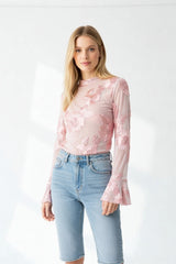 Dusty Pink Sheer Floral Embroidered High Neck Long Sleeve Top- Zalya