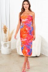 Hot Pink Mesh Printed Layered Off Shoulder Midi Dress - Lena