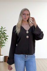 Brown V-Neck Knit Long Sleeve Sweater with Gold Button Details Cardigan Top - Liorena