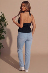 Black Keyhole Tie Front Halterneck Top - Ytaran